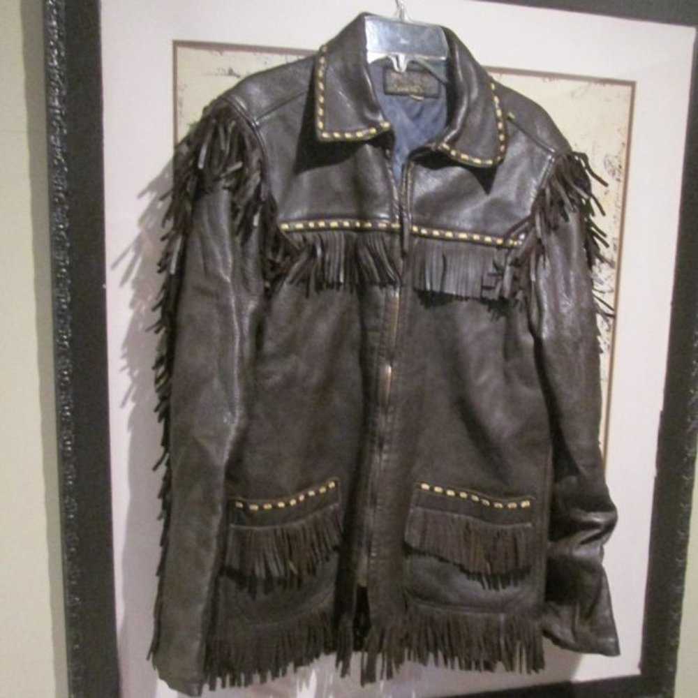 Vintage Retro Custom W B Place Fringe Trim Brown Leather Buckskin Jacket Coat S
